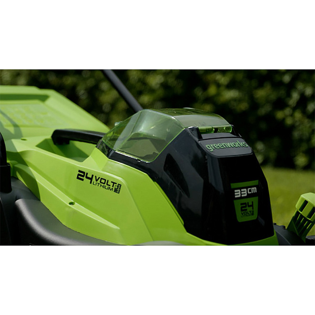 Greenworks GD24LM33 бесщеточная, 24V с АКБ 4 Ач USB + ЗУ 2А - аккумуляторная газонокосилка
