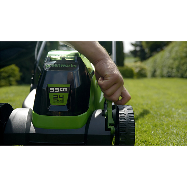 Greenworks GD24LM33 бесщеточная, 24V с АКБ 4 Ач USB + ЗУ 2А - аккумуляторная газонокосилка