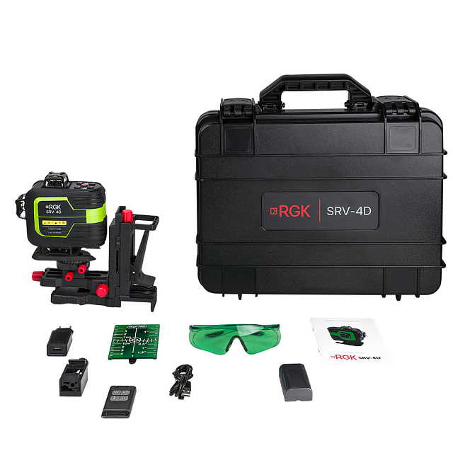 RGK SRV-4D - построитель плоскостей (360° / зеленый луч / 70м с приемником / АКБ)